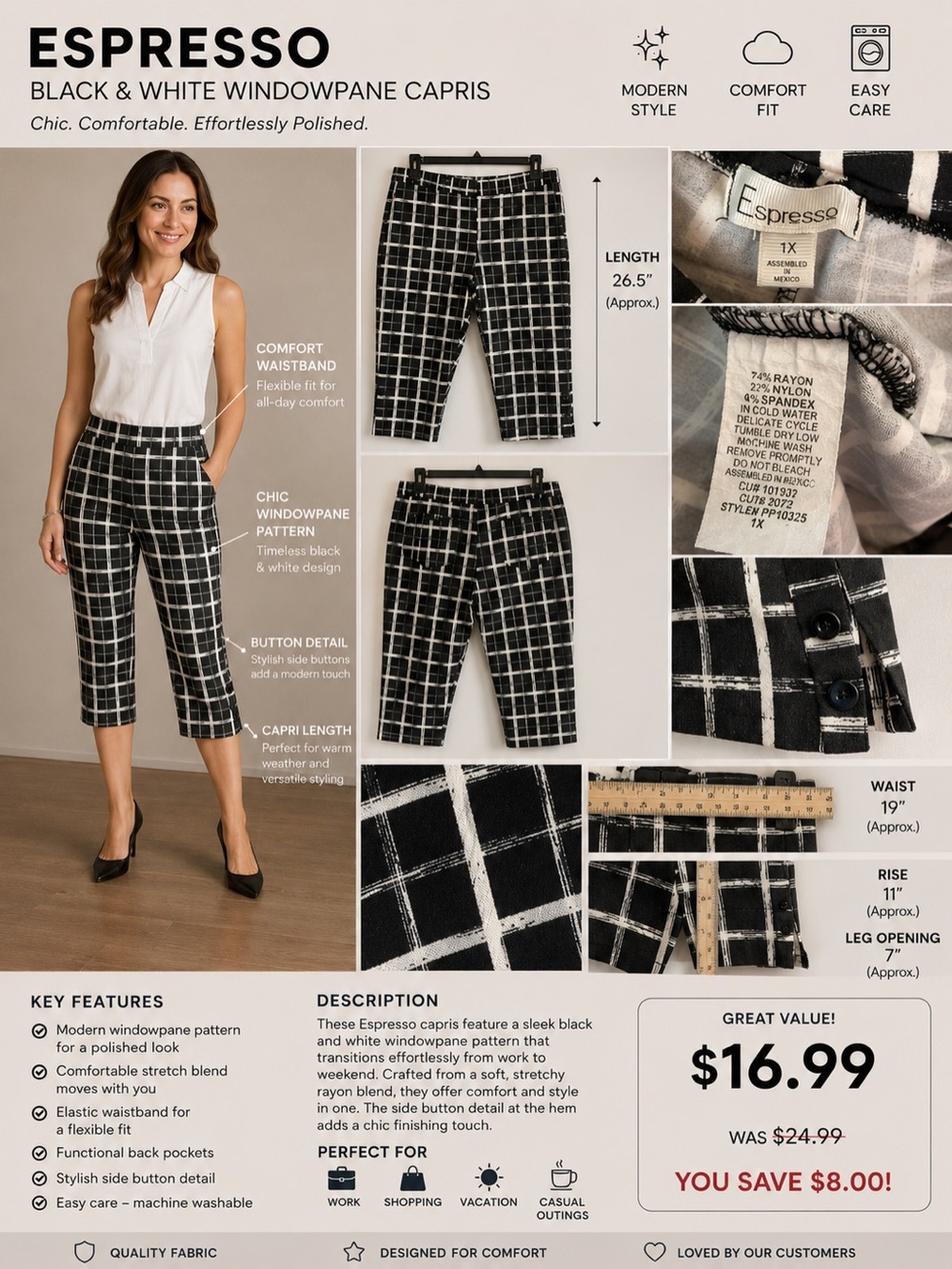 Espresso Black and White Windowpane Cropped Pants